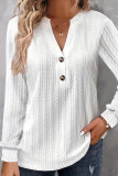 Plain V Neck Button Texture Long Sleeves Top