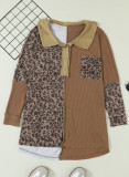 Khaki Leopard Patchwork Waffle Knit Buttoned Blouse