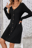 Plain V Neck Button Rib Mini Dress