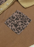 Khaki Leopard Patchwork Waffle Knit Buttoned Blouse