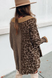 Khaki Leopard Patchwork Waffle Knit Buttoned Blouse