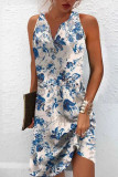 Printed V Neck Button Sleeveless Dress
