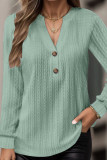 Plain V Neck Button Texture Long Sleeves Top