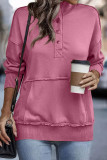 Bright Pink Ribbed Hem Snap Button Neckline Sweatshirt with Pocket
