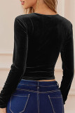Plain V Neck Twisted Ruched Long Sleeves Velvet Top