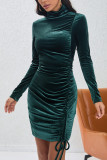 Turtleneck Smocked Velvet Dress