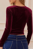 Plain V Neck Twisted Ruched Long Sleeves Velvet Top