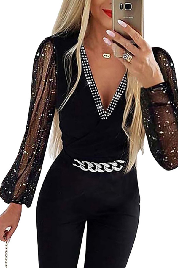 Black V Neck Sheer Sleeves Jumpsuit