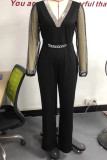 Black V Neck Sheer Sleeves Jumpsuit