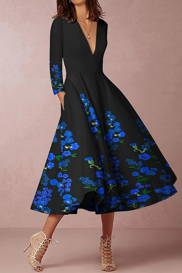Printed V Neck Flare Midi Dress