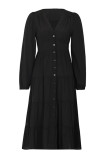Black V Neck Ruffles Puff Midi Dress