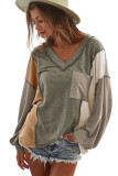 Multicolour Exposed Seam Color Block Patchwork V Neck Top