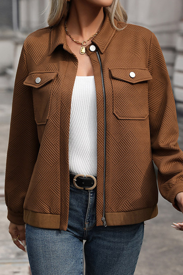 Dark Brown Turn Down Collar Zipper Jacket