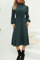 Smocked Frilled Collar Leopard Print Midi Dress