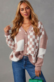 Chestnut Mix Checkered Button V Neck Knitted Cardigan