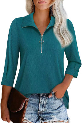 Plain Zipper Down Turn Down Collar Long Sleeves Top
