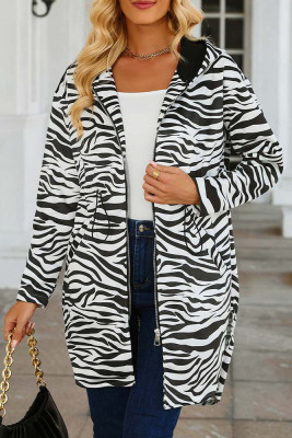 Zebra Leopard Print Zipper Hooded Coat