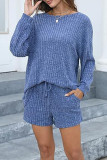 Plain Rib Long Sleeves Top With Elastic Waist Shorts 2pcs Set