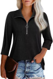 Plain Zipper Down Turn Down Collar Long Sleeves Top