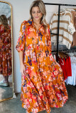 Orange Abstract Print Pleated Half Sleeve Buttoned Maxi Dress