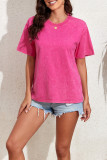 Bright Pink Solid Color Drop Shoulder Crew Neck T Shirt