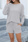 Plain Rib Long Sleeves Top With Elastic Waist Shorts 2pcs Set