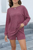 Plain Rib Long Sleeves Top With Elastic Waist Shorts 2pcs Set