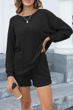 Plain Rib Long Sleeves Top With Elastic Waist Shorts 2pcs Set