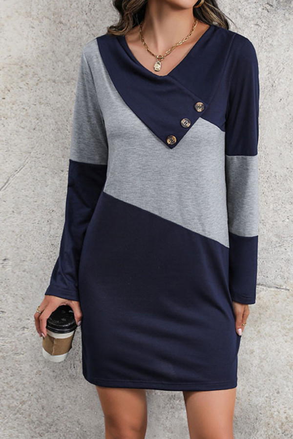 Navy Color Block Irregular Neckline Shirt Dress