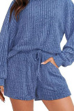 Plain Rib Long Sleeves Top With Elastic Waist Shorts 2pcs Set