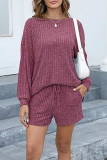 Plain Rib Long Sleeves Top With Elastic Waist Shorts 2pcs Set