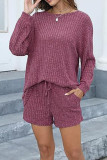 Plain Rib Long Sleeves Top With Elastic Waist Shorts 2pcs Set