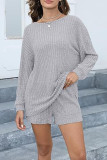 Plain Rib Long Sleeves Top With Elastic Waist Shorts 2pcs Set