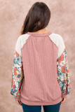 Rose Pink Floral Patchwork Puff Sleeve Textured Blouse
