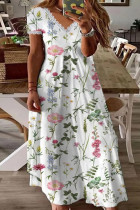 White Floral Print V Neck Lace Edge Maxi Dress