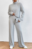 Plain High Collar Rib Long Sleeves Tops With Pants 2pcs Set