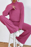 Plain High Collar Rib Long Sleeves Tops With Pants 2pcs Set