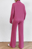 Plain High Collar Rib Long Sleeves Tops With Pants 2pcs Set