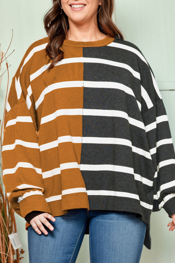 Stripes Plus Size Colorblock Striped Patchwork Loose Top
