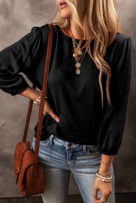 Black Solid Color 3/4 Sleeve Round Neck Top