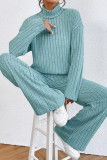 Plain High Collar Rib Long Sleeves Tops With Pants 2pcs Set