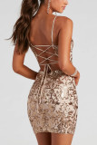 Plain Sequin Pattern Back Ribbon Speghetti Strap Dress
