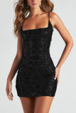 Plain Sequin Pattern Back Ribbon Speghetti Strap Dress