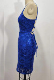 Plain Sequin Pattern Back Ribbon Speghetti Strap Dress