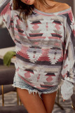 Aztec Print Wide Crew Neck Long Sleeves Top