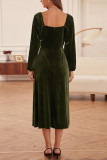 Dark Green Square Neck Ruched High Waist Midi Dress