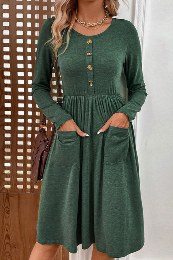 Green Button Down Pockets High Waist Dress