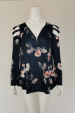 Zipper V Neck Printing Cold SHoulder Top