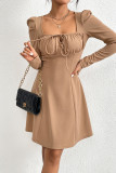 Khaki Square Neck Ruched Front Tie Puff Dress