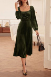 Dark Green Square Neck Ruched High Waist Midi Dress